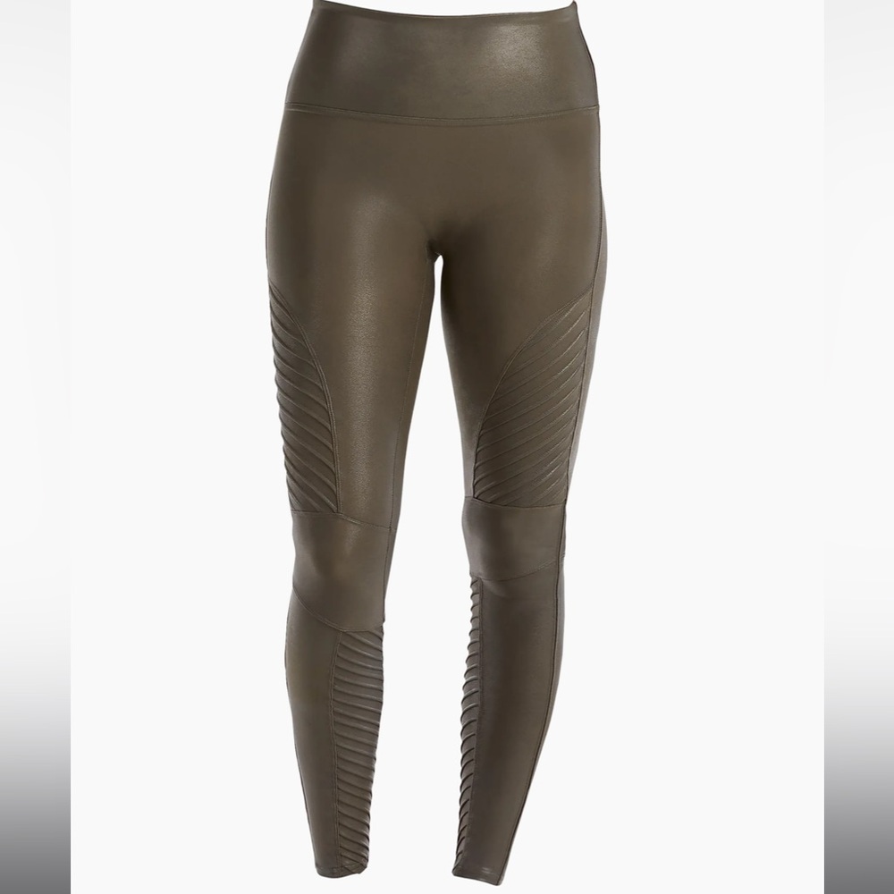 Spanx Faux Leather Moto Leggings in Olive Green | S